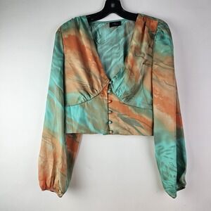 Milk & Honey Balloon Sleeve Cropped Tye Dye Top Blouse Shirt Festival LS XL Blue